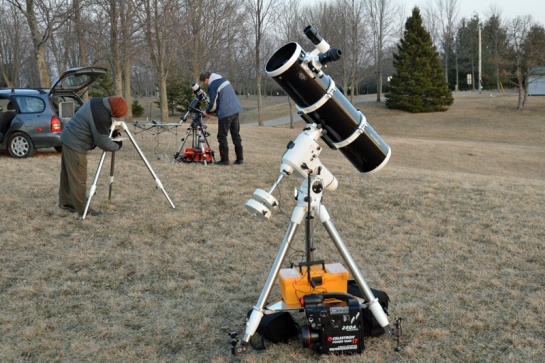 My 200 mm SkyWatcher Newtonian telescope and EQ6 Pro mount, set up at a park in April, 2013.