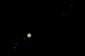 Jupiter and the Galilean Moons, 7:28 PM EDT, 2 January 2013as seen from 40 McKay Road, Dundas, Ontario, CanadaLeft to right: HD27742 (star), Ganymede,Europa, Io, Jupiter, HD27639 (star), Callisto. Best image of moons and of Jupiter combined.